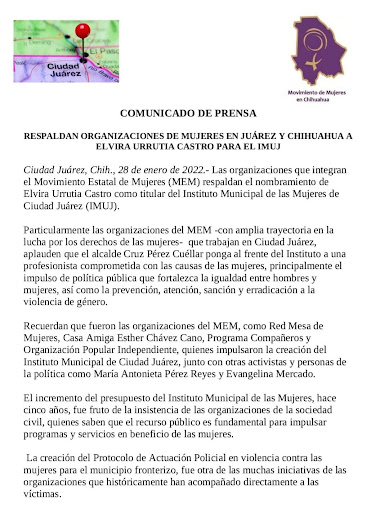The organizations that make up the State Women's Movement (MEM) supports the appointment of Elvira Urrutia Castro as head of the Municipal Institute of Women of Ciudad Juarez (IMUJ)