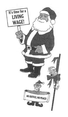 Santa and Elves holding signs supporting living wages